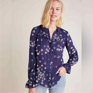 Maeve Anthropologie Womens Navy Blue Tree Print Button Down L/S Shirt Top Size 0